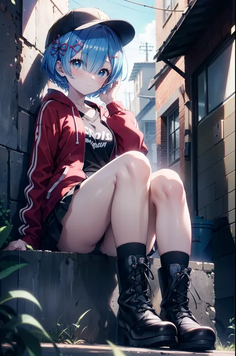 rezeroRem, Rem, blue eyes, Blue Hair, hair ornaments, Hair on one eye, hair ribbon, short hair, x hair ornaments,Baseball cap,Riders jacket　Open front,red v neck t shirt,mini skirt,Black knee socks,short boots,Sitting leaning against a wall,rain,Hiding und...