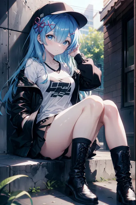 rezeroRem, Rem, blue eyes, Blue Hair, hair ornaments, Hair on one eye, hair ribbon, Long Hair, x hair ornaments,Baseball cap,Riders jacket　Open front,red v neck t shirt,mini skirt,Black knee socks,short boots,Sitting leaning against a wall,rain,Hiding unde...