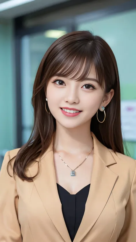 Highest quality:1.2), RAW Photos, High resolution, Very detailed, Intricate details, 、ear piercing、smile、Emphasis on teeth、Brown Hair、 hairstyle semi long、(Front view, ), Clear beauty,  , (High quality fabric, Office Lady Suit 、Jacket、Unbuttoned shirt、 Nec...