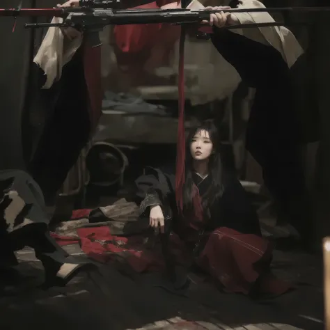 there is a woman sitting on the ground with a gun, iu lee ji-eun as a super villain, still from a fantasy movie, still from a live action movie, still from the movie, long torn red cape, scene from live action movie, still image from the movie, kwak ji you...