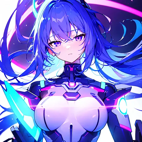 [(WHITE BACKGROUND:1.5),::5], ((((masterpiece)))), high quality, ultra very high resolution, full color, (((solo))), ((Mecha musume)), Mecha girl, ((Blue hair)), (Purple eyes), anime, upper body, neon light, cyborg body, (Purple neon effect:1.2)