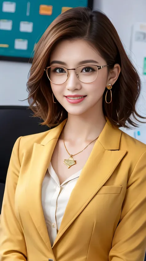 Highest quality:1.2), RAW Photos, High resolution, Very detailed, Intricate details, 、ear piercing、smile、Emphasis on teeth、Brown Hair、 Short Haircut、Wavy Hair、Glasses、(Front view, ), Clear beauty,  , (High quality fabric, Office Lady Suit 、Jacket、Unbuttone...