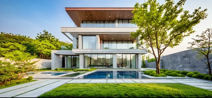 qlcd,tingyuan, photo of modern villa, grassland, garden, shrubs and trees, rock decoration, clear sky, sun light, realistic photo