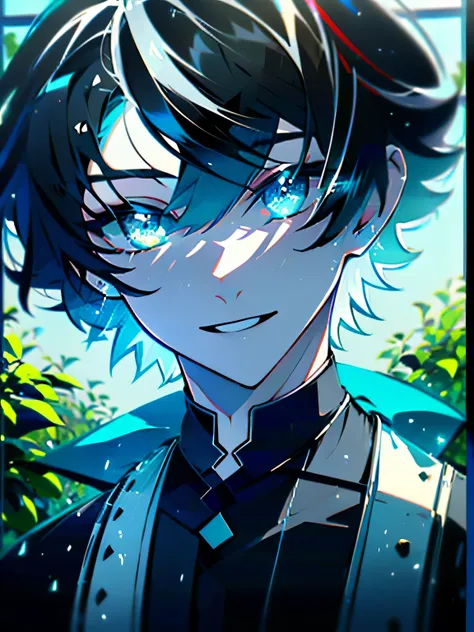 absurdres, uhd, 5k, masterpiece, (((HDR))), ((best quality)), (ultra high quality), (hi-res), (((portrait))), ((1boy)) (charlemagne(fate)), (((detailed blue eyes))), ((male)), (((black hair))), multicolored hair, (:3), cat mouth, smiling, cute, in a garden...