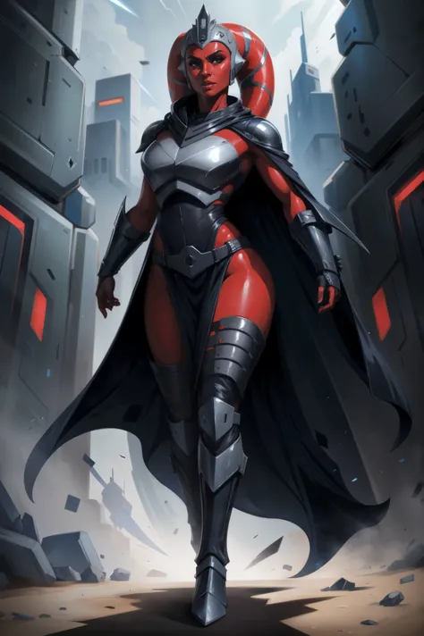 Brutal Red Skin Twilek with huge breasts wearing futuristic ((sleek (black) armor, black armor)) robes, cowl, crown, helmet, cape, huge breasts, slim hips, small waist, full-body shot