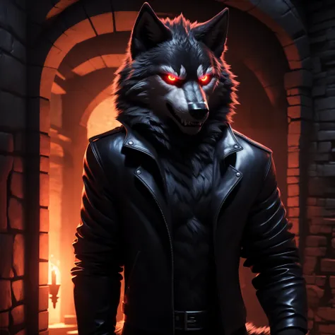 Posing, Male, 30 years old, Evil grin, black leather jacket, anthro, wolf ears, (black fur:1.5), wolf, dungeon background at night, 8k, hi res, (best quality, masterpiece), red glowing eyes, (wolf tail:1.5), detailed fur