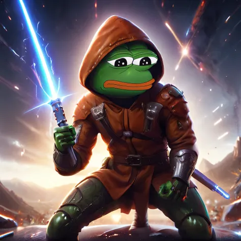 a hooded pepe the frog, holding a glowing saber in a fighting stance, saving the universe, highly detailed, cinematic lighting, epic sci-fi scene, vibrant colors, dramatic composition, photorealistic, 8k, HDR, unreal engine, award winning digital art