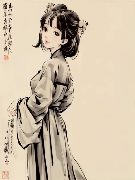 (masterpiece, best quality: 1.2), traditional chinese ink painting, 1 woman, standing, looking back, hanfu, willow branch, (smil...