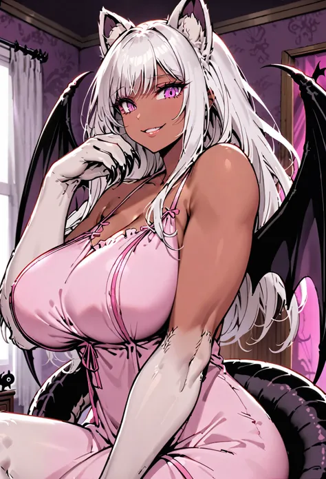 Solo, female, cat ears, long white hair, dark pink eyes, huge woman, tall, broad shoulders, large breasts, bedroom, white furry claws, furry arms, pink negligee, smile, tan skin, white and brown fur, close up, huge bat wings, huge scorpion tail, shy smile