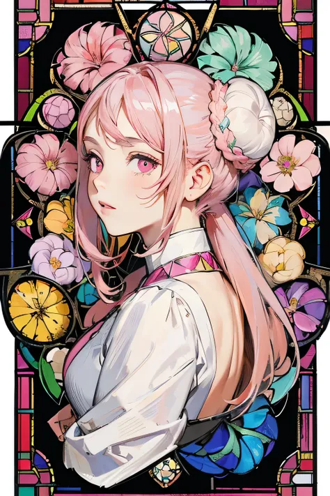 (masterpiece, Highest quality), 8K,(((Very detailed))), race:1.8,Super intricate race pattern,colorful race pattern,Stained Glass Background, kaleidoscope,light up, 1 female,Open Back,Top Bust:1.5,(Hair Ribbon:0.4), Pink Eyes,(((White bun hair))),(((Long p...