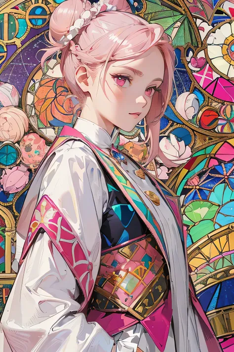 (masterpiece, Highest quality), 8K,(((Very detailed))), race:1.8,Super intricate race pattern,colorful race pattern,Stained Glass Background, kaleidoscope,light up, 1 female,Open Back,Top Bust:1.5,(Hair Ribbon:0.4), Pink Eyes,(((White bun hair))),(((Long p...