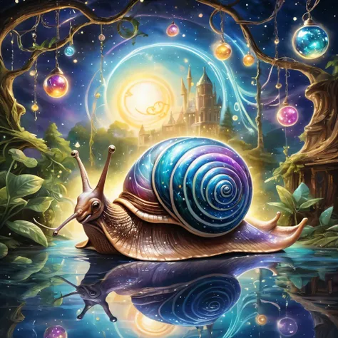 A hyper-realistic, vibrant, and colorful image of a giant snail with a rainbow shell, illuminated under the full moonlight. The scene is set in a magical, otherworldly environment with a glowing, starry sky and reflections on the water. The snails shell ha...