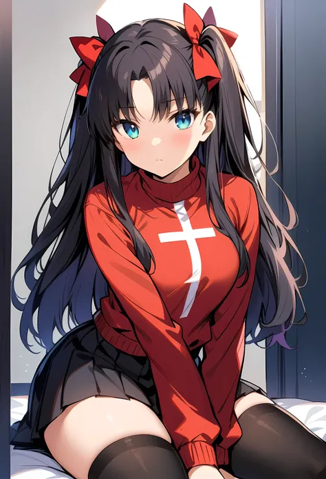 masterpiece, best quality, very aesthetic, absurdres,
tohsaka_rin, fate/stay_night, fate_(series), 1girl, aqua_eyes, black_hair, two_side_up, long_hair, cross_print,red_sweater,turtleneck_sweater, black_skirt,  miniskirt, pleated_skirt, black_thighhighs,ze...