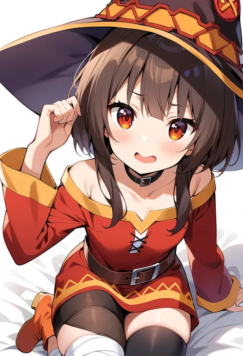 masterpiece, best quality, very aesthetic, absurdres,
megumin, kono_subarashii_sekai_ni_shukufuku_wo!,1girl, brown_hair,witch_hat,black_choker, red_dress, long_sleeves, bandaged_leg, black_thighhighs, single_thighhigh,