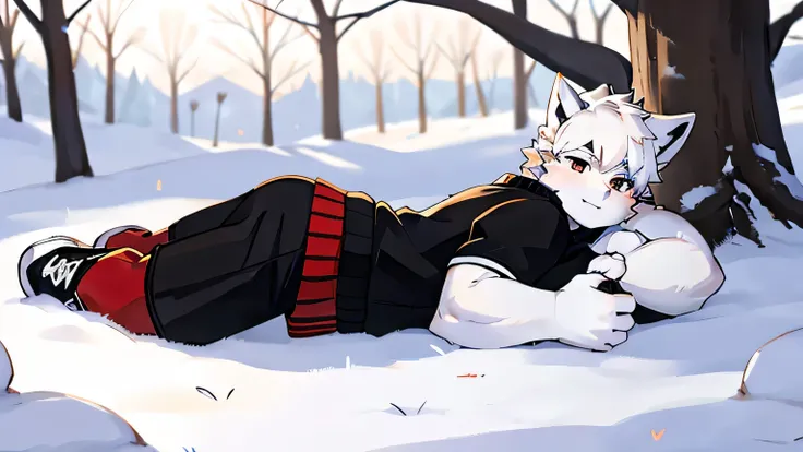 white fur wolf,bara,masculine,black eyes,wear a black sweater,black shorts,try on red fashion shoes.,shota,laying down under a t...