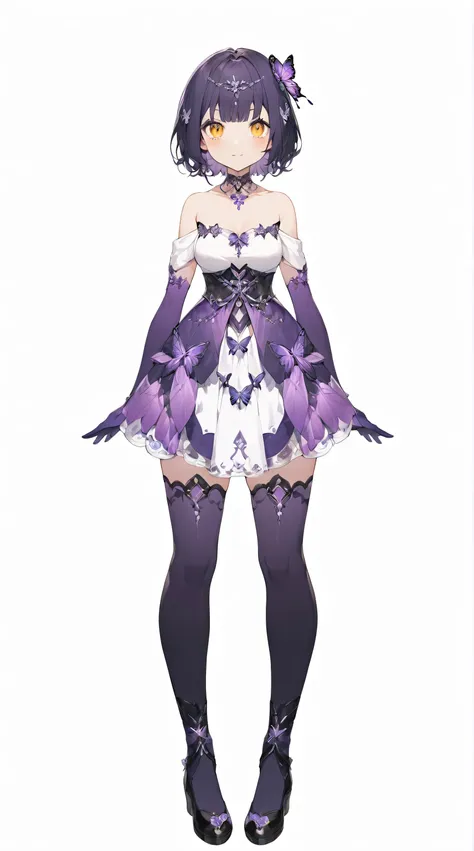 Character concept set, Virtual YouTuber, A pose, fantasy style design, light skin, Golden Eyes , dark purple short hair, purple long gloves, white chest blouse, Purple skirt, Purple stockings, black shoes , silver butterfly decoration, many butterfly decor...