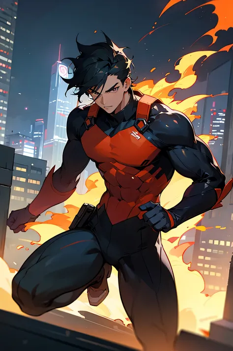 Male ,Hero, City background, Fire