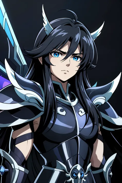 (high-quality, breathtaking),(expressive eyes, perfect face) portrait, Symmetrical Eyes, 1boy, male, solo, young adult, black hair, blue coloured eyes, stylised hair, medium length hair, loose hair, side bangs, spiky hair, really spiky hair, Hades, looking...