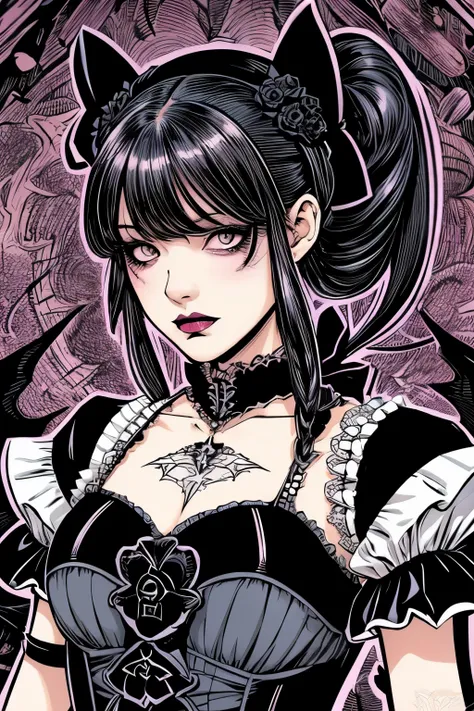 (Beautiful Hardcore Illustration homepage illustration style, high resolution, 8k, hard touch illustration), strong outline:1.2, 1 girl, gothic & lolita style, gothic & lolita fashion, American comic style, Art Déco style background, aggressive, beautiful ...