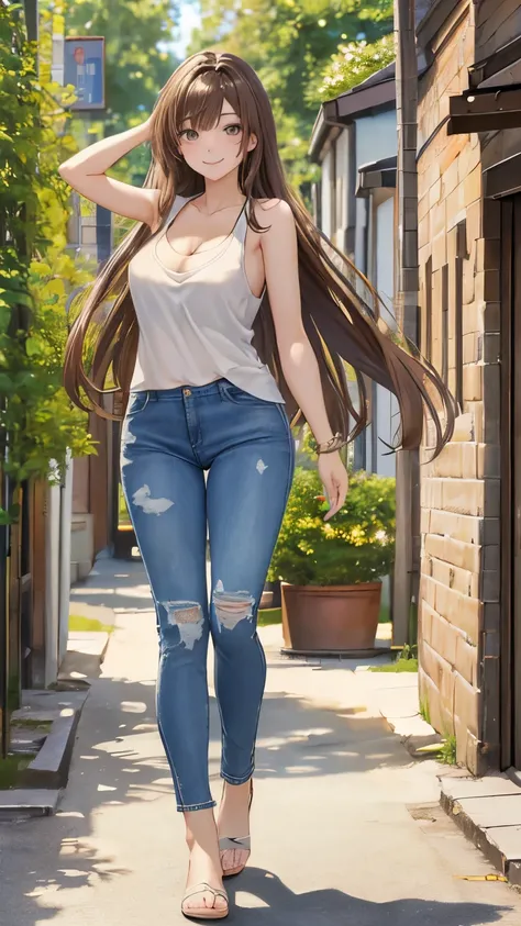 (8K、masterpiece、Highly detailed background、high resolution)、（Beauty、20-year-old、Straight Hair、Brown Hair）、((whole body、Full Body Shot))、 town、White tank top、denim bunts、Cleavage、smile