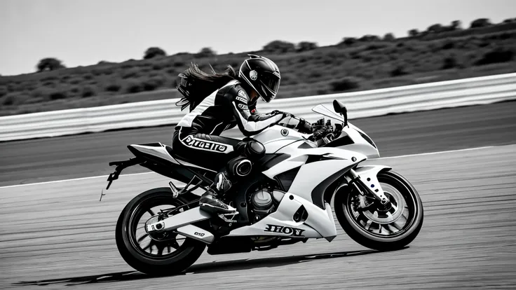 Arafed woman riding a motorcycle on a track black and white silhouette racing honda cbr long hair in wind