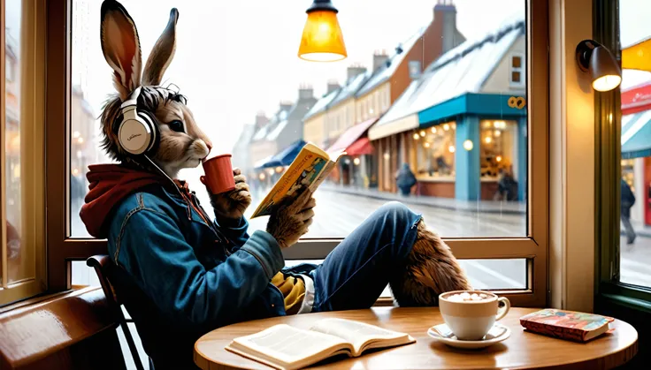 (photography film style), (((raining))), anthropomorphic, cute young rabbit, casually dressed, sitting by a window in a cafe, drinking hot chocolate, listening to music on headphones, (reading a book), 2D, colorful, warm atmosphere, glossy, Jean-Baptiste M...