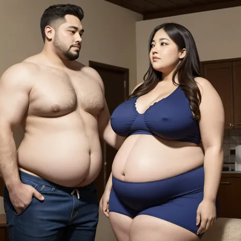 ((1 man, 1 woman)), 186cm 105kg male, Women weighing more than 100kg, Severely obese woman, 초Severely obese woman, A friendly obese man and woman couple, Facing each other, chest and stomach touching, Abdominal exposure, severe abdominal obesity, Women are...