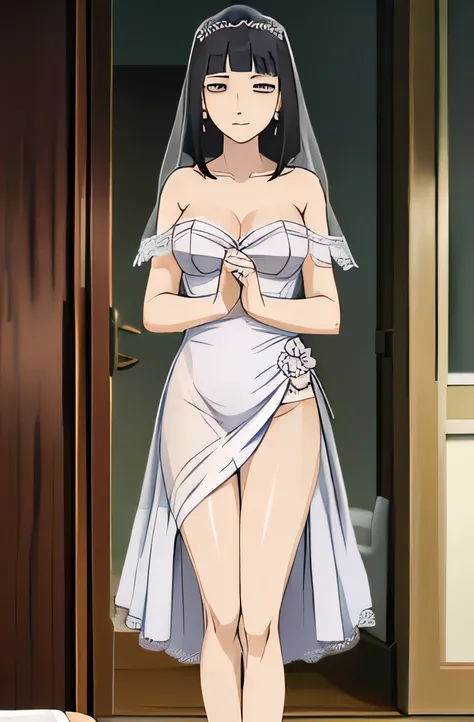 Inata hiuga medium breasts, thin legs, perfect body, dark hair,  wearing a wedding dress, white veil hotel room ((by the hand of a child)), ((whole body))