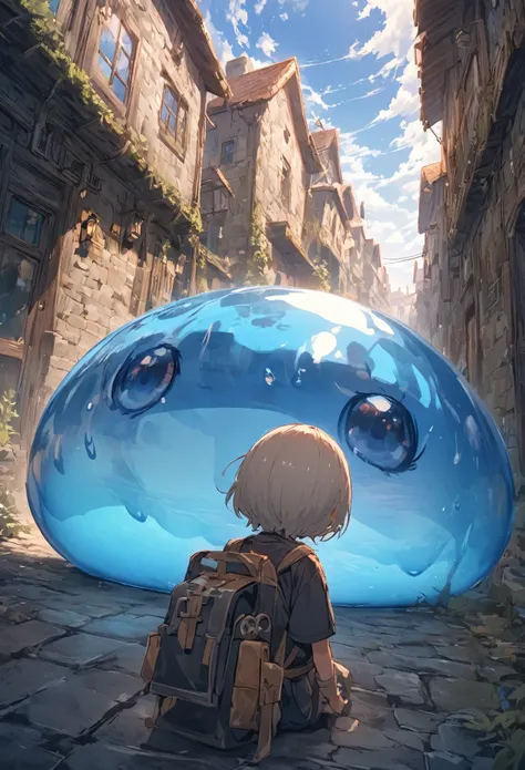 A little swordsman riding on a blue slime, Dungeons、Clear blue sky、adventure、Fisheye Lens、SLR、I feel the depth、Fun expression、Gazing into the distance、from behind