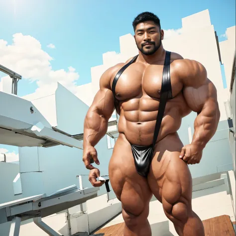 A handsome Asian actor，35 years old，High target, Fitness，short hair, O-Shaped Beard，Perfect body, Dark skin color，Radiant Skin，Smooth skin，Muscle bulge, muscular, Very large pectoral muscles，Very sexy abdominal muscles，Very well-developed leg muscles，Huge ...