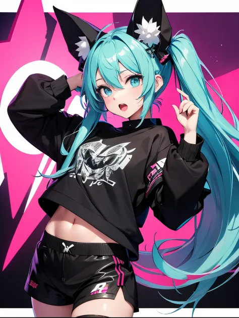 Miku Hatsune, high definition add_detail:1, blue fur,kitsune ears, tribal tattoo add_detail:1 cute high school clothes, pretty girl add_detail:3 18 year old girl, short black lycra, black metal t shirt, flirty look add_detail:3, hands rock sign, shouting a...