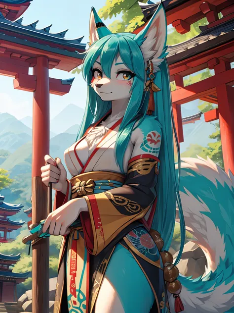 Miku Hatsune, high definition add_detail:1, blue fur,kitsune ears, tribal tattoo add_detail:1, pretty girl add_detail:1, feudal priestess clothing add_detail:1, japanese shrine landscape add_detail:1, japanese shrine costume add_detail:1