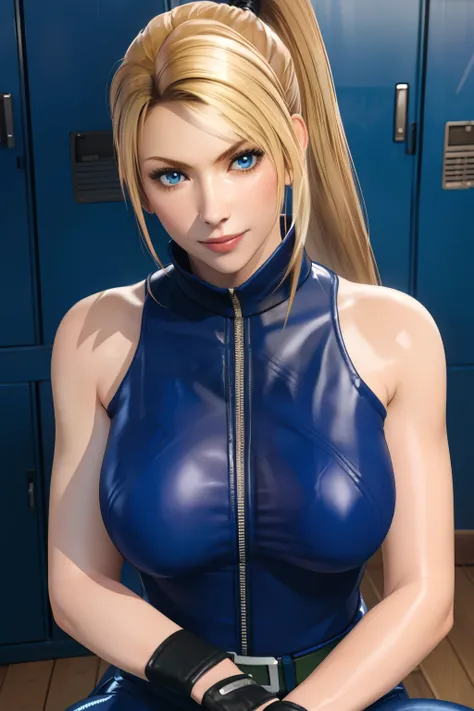 Sarah, blue eyes, very long hair, sitting on bench, (middle of wearing clothes:1.9), (shiny skin:1.2), (skinny girl:1.5), blonde hair, (high ponytail:1.9), floating hair, bodysuit:1.9, Shoulders exposed, (arms exposed:1.3), (medium breasts:1.3), (pushed up...