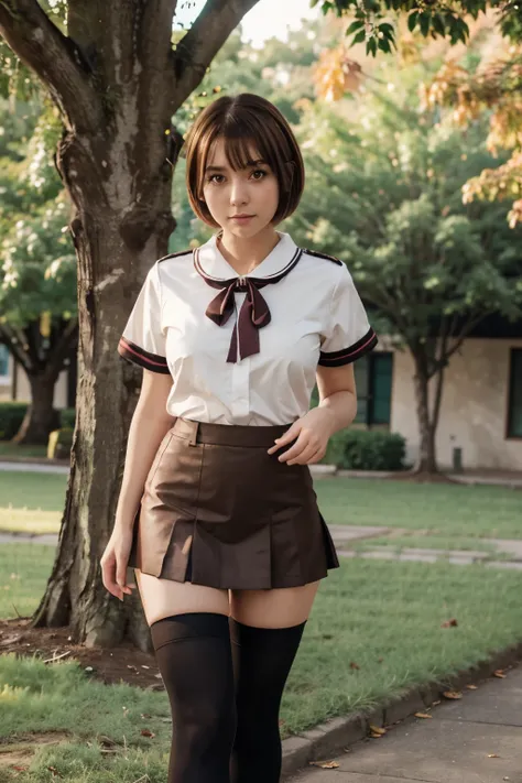 anime girl,Short skirt,uniform blouse,knee-high stockings,short brown hair ,brown eyes and landscape by sempasuchil