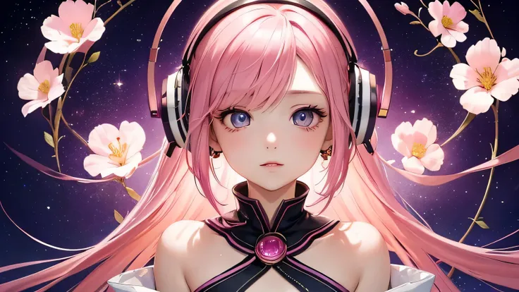 Beautiful girl with gorgeous dreamy eyes,Her hair is pink、listening to music with headphones on。I have headphones on、Pink haired characters、Exquisite floral clothing、Create social media-worthy images featuring awe-inspiring and glamorous space-themed backg...