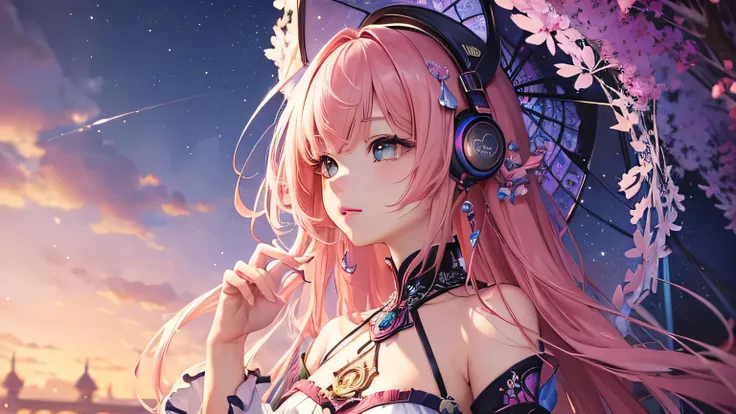 (masterpiece, Highest quality, Highest quality, Official Art, beautifully、aesthetic:1.2), (One girl), Very detailed,(Fractal Art:1.3),colorful,Most detailed pink hair、I have headphones on。