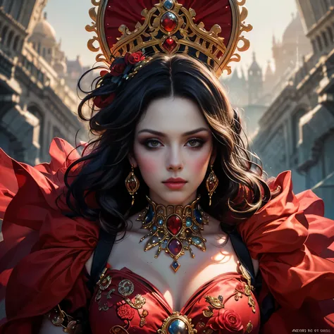 (full body portrait:1.1), a beautiful queen of hearts, elegant long red dress, flowing red cape, golden crown, striking red make...