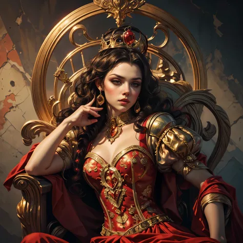 (full body portrait:1.1), a beautiful queen of hearts, elegant long red dress, flowing red cape, golden crown, striking red makeup, piercing gaze, regal posture, ornate throne, a background filled with pink and red roses:1.1, dramatic lighting, (best quali...