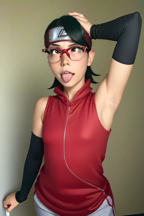 1 girl, standing, beautiful Sarada Uchiha, 18 years old, Cups, Black thighs, arm warmers, forehead protector, shorts, short hair, big chest, black eyes wearing glasses, small hips, big ass, capture anime screen, Sarada is 18 years old, mature appearance,ar...