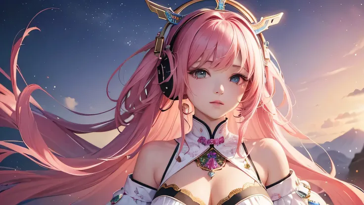 (masterpiece, Highest quality, Highest quality, Official Art, beautifully、aesthetic:1.2), (One girl), Very detailed,(Fractal Art:1.3),colorful,Most detailed pink hair、I have headphones on。