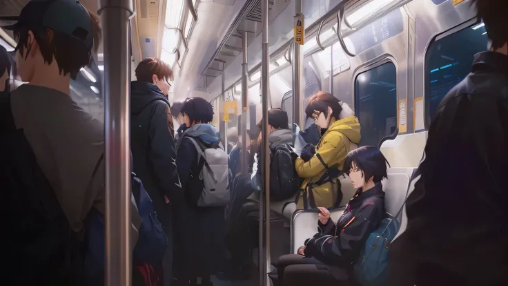 people are sitting on a subway train with their backs to the camera, tokyo anime scene, guweiz and makoto shinkai, artwork in the style of guweiz, in style of makoto shinkai, style of makoto shinkai, sakimichan and makoto shinkai, ( ( makoto shinkai ) ), b...