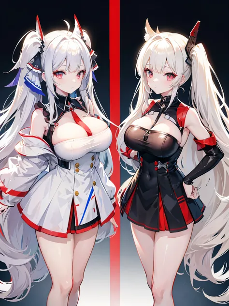 Anime characters standing next to each other, Twin tails、Beige and white hair、Red eyes and blue eyes、Azur Lane Characters, Azur Lane Style, From Arknights, From the Azur Lane video game, Girls&#39; Frontline style, from Girls&#39; Frontline, artstation pix...