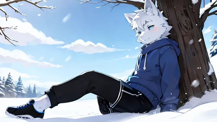 white fur wolf,bara,masculine,dark blue eyes,wear a black and blue sweater,black shorts,try on blue fashion shoes.,shota,sitting...