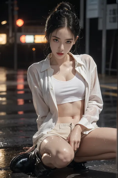 (((best quality))),(((ultra detailed))),(((masterpiece))),illustration,1girl, young,solo, slim,thin,short ponytail,small breasts,flat chest,white collared shirt,cleavage,navel,shorts,arms behind back,slender legs,boots,rainy night, heavy rain, drenched clo...