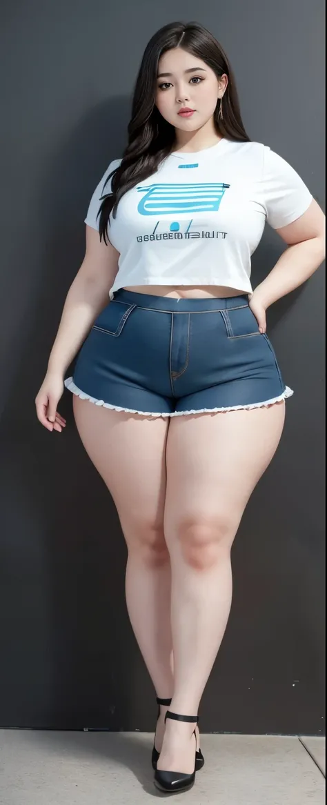 Chubby girl with fat belly and tight thighs, full body, 18-year-old teen, thick hips, thick neck, thick chest, big eyes, wearing a shirt and thight skirt and thight short pants 