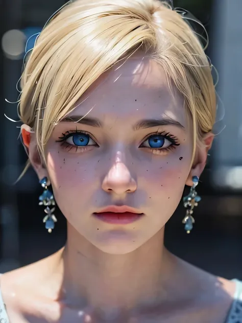 A very beautiful turkiye girl, blue eyes, blonde short hair, feeling depressed, face expression, wearing five earrings, Ultra high res, uhd, (photorealistic:1.4), 