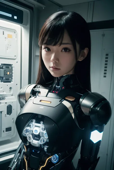 masterpiece, best quality, extremely detailed, ,8k portrait, Japaese android Girl,Plump,fat,chubby,control panels,android,Droid,Mechanical Hand, Robot arms and legs, Black Robot Parts,Black hair,Mechanical body,Blunt bangs,perfect mechanical abdomen,White ...