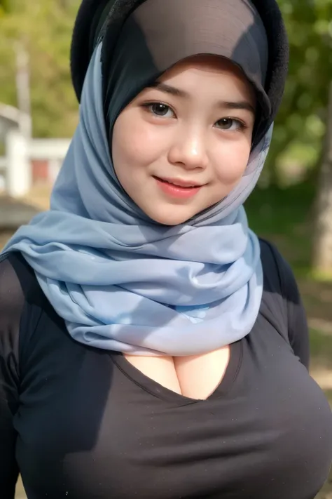 adorable, 1 girl, (face to face), 10 years old, baby face, happy, half body portrait, (face details: 1), (eye details: 1), ((big breasts)). wearing transparent softblue long shirt, hijab, .. Cute posed. proportional body. Ultra High Res. realistic: 1.4, UH...