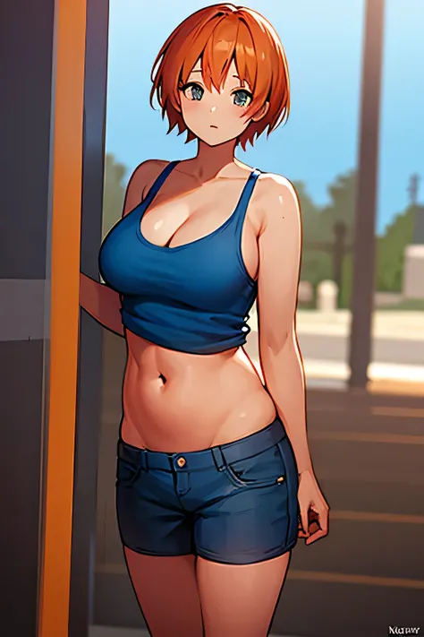 blue shorts, short orange hair, outie belly button, navel, orange tank, chubby, chubby belly, girl, full body, park