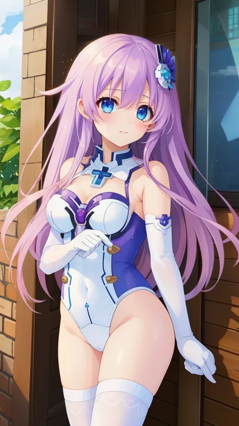 (masterpiece, best quality, illustration, game cg), solo, 1girl, nepgear, d-pad hair ornament, white leotard, elbow gloves, white thighhighs, lilac hair